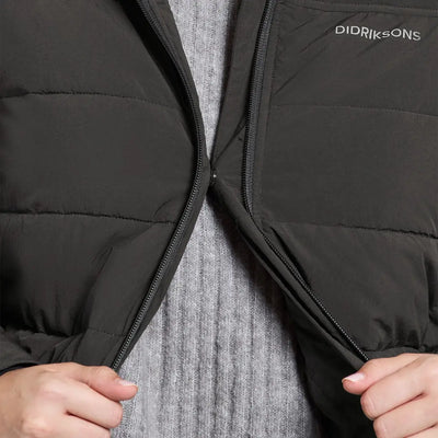Black puffer jacket held by hands showcasing the Didriksons Katrin Womens Parka style