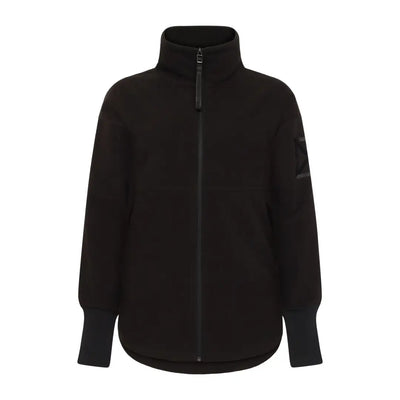 Black zip-up athletic jacket with high collar and ribbed cuffs for outdoor country clothing