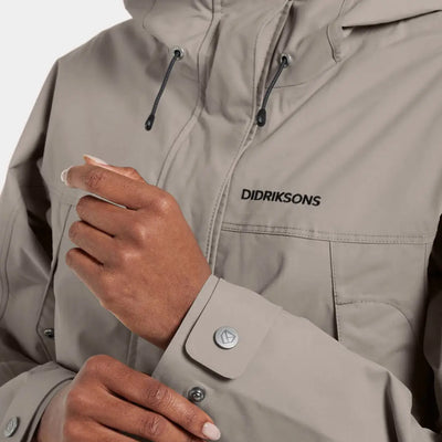 Light brown Didriksons Thelma Womens Parka with snap buttons and hood, iconic Didriksons style