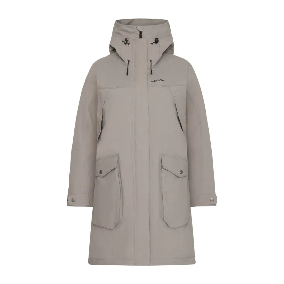 Long light grey Didriksons Thelma Womens Parka with four pockets, iconic Didriksons style