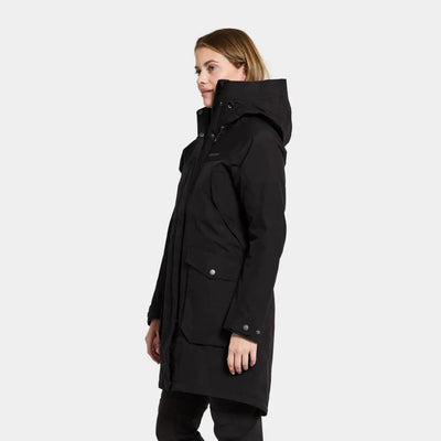 Black hooded winter coat, fully waterproof windproof parka in woven nylon fabric