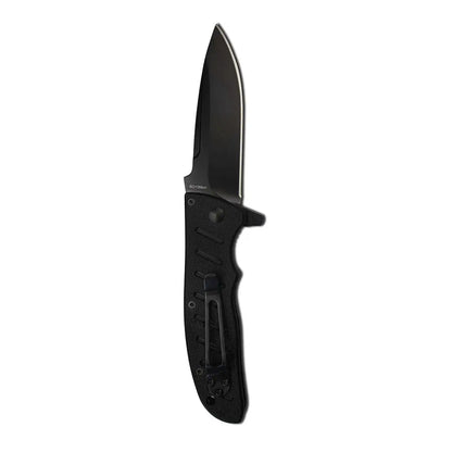 Enlan EL-01B black folding knife with textured handle and serrated blade for hunting outdoors