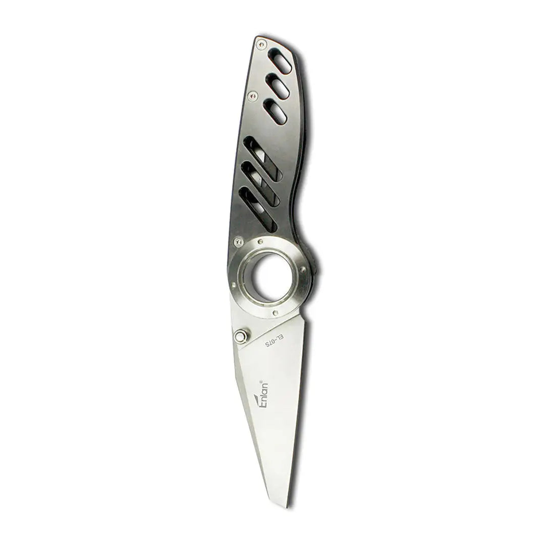 Sleek Enlan EL-07S silver folding knife with black accents and stainless steel blade