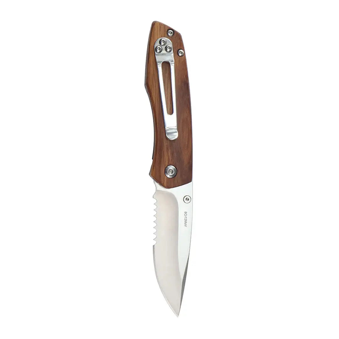 Enlan M011B folding knife with wooden handle, serrated blade and silver accents