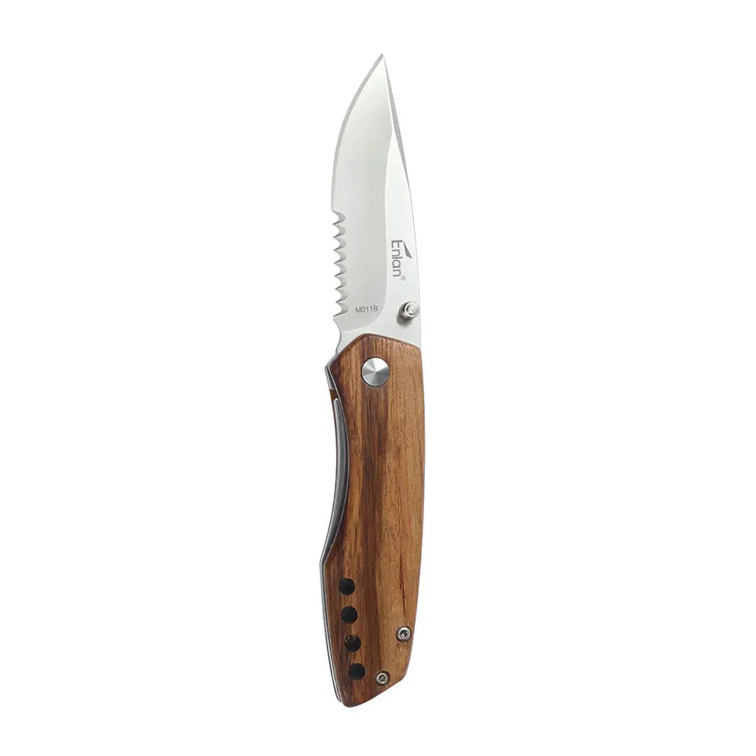 Enlan M011B wooden-handled folding knife with serrated blade