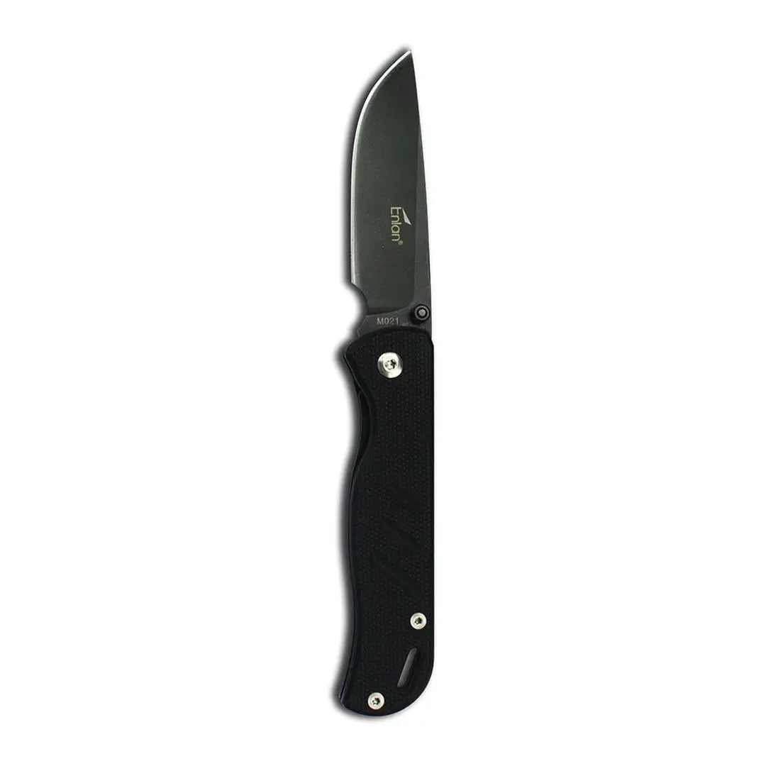 Black Enlan M021BG folding knife with textured handle and steel blade