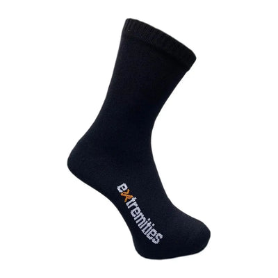 Black sock with white lettering from Extremities Evolution Waterproof Socks collection
