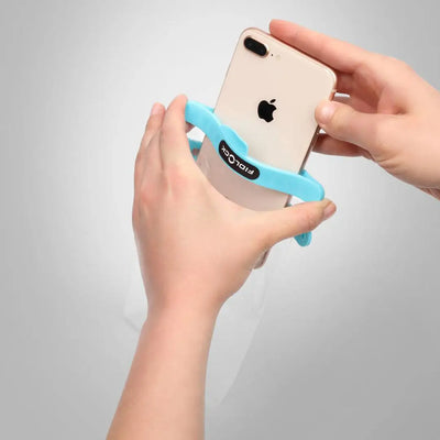 Gold iPhone in blue Fidlock grip, stylishly displayed in a Fidlock Medi Dry Bag