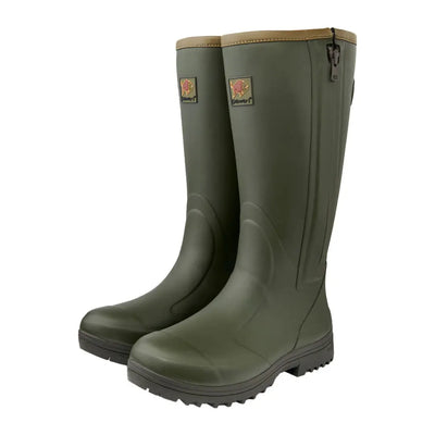 Olive green rubber boots with pheasant game design and normal calf fit for men