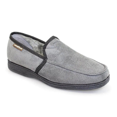Gray suede Goodyear Eden Slipper with dark trim and rubber sole, stylish and comfy