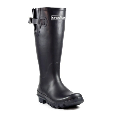 Black rubber rain boot with Goodyear logo for Goodyear Petersfield Rubber Wellingtons