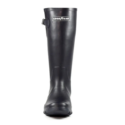 Black rubber rain boot featuring the Goodyear logo, perfect for Goodyear Petersfield Rubber