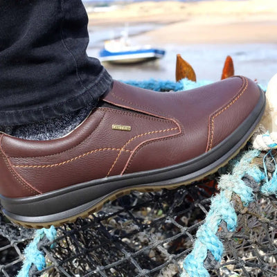 Brown leather Grisport Melrose Active Slip On Shoe with stitching and rubber sole