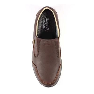 Brown leather Grisport Melrose Active Slip On Shoe with rounded toe and stitched details