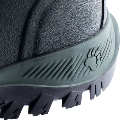 Close-up of Grubs Bearline 8.5 Wellington green rubber boot with paw print logo for country clothing and hunting