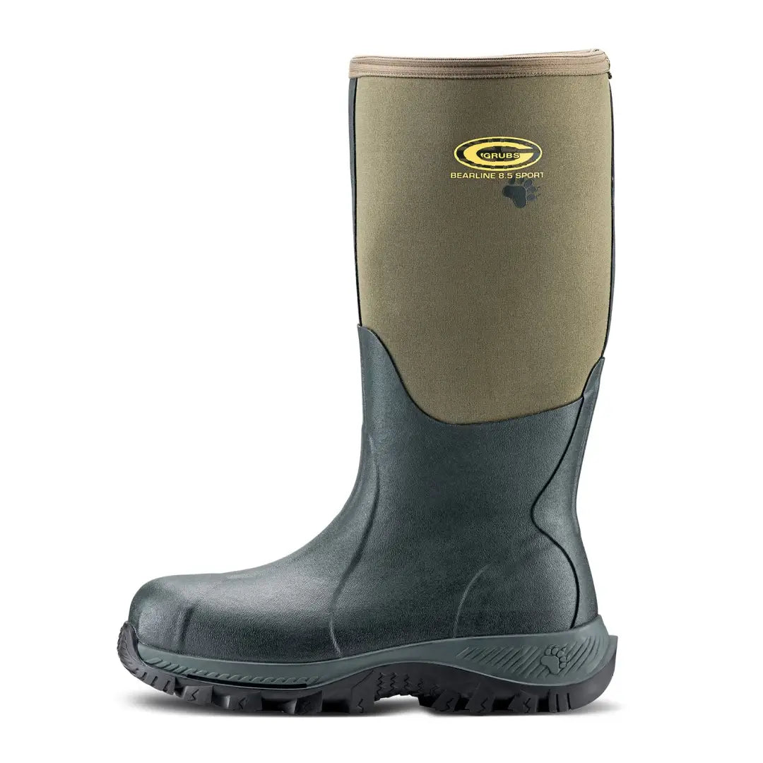 Olive green and black waterproof rubber hunting boot from Grubs Bearline for country clothing