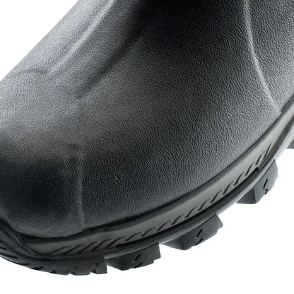 Close-up of Grubs Bearline waterproof hunting boot with thick treads and textured black finish