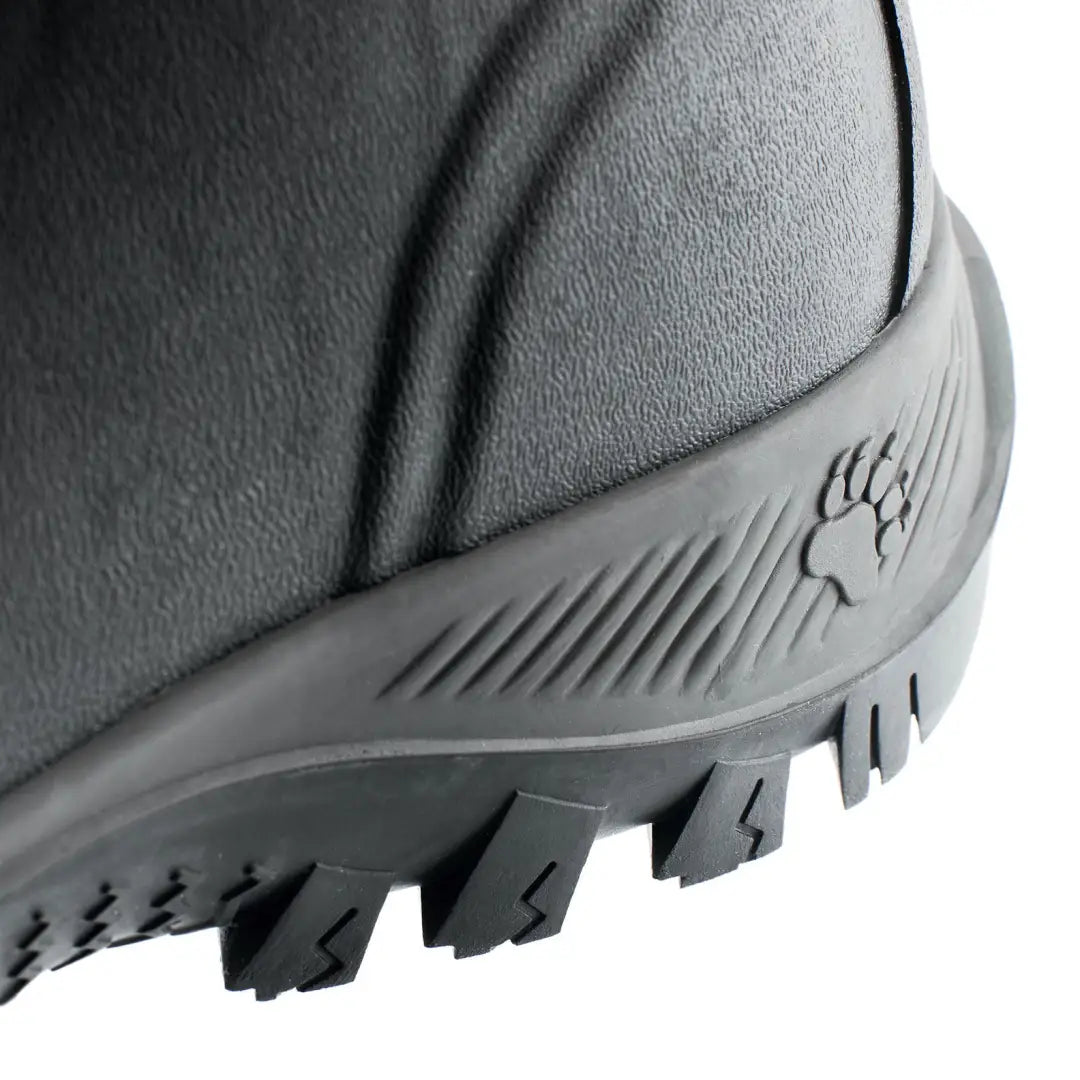 Close-up of Grubs Bearline 8.5 Wellington black hunting boot with paw print logo
