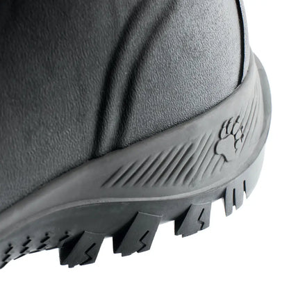 Close-up of Grubs Bearline 8.5 Wellington black hunting boot with paw print logo