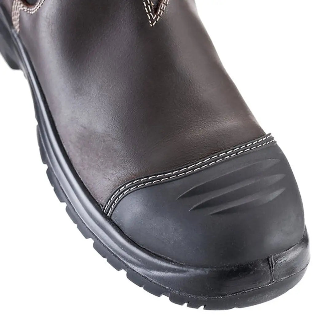 Brown leather toe of Grubs Tornado Safety Dealer Boots, the ultimate work boot for country clothing