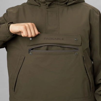Olive green Härkila Orton Tech packable smock hoodie for country clothing casual wear