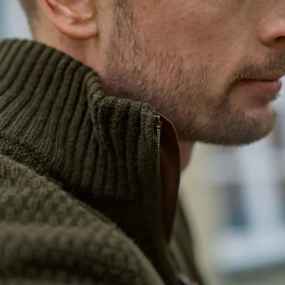 Olive green textured knit sweater from Härkila Vincent Merino Half Zip Pullover collection