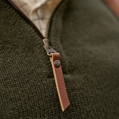 Green knit sweater with leather zipper pull from Härkila Vincent Merino Half Zip Pullover