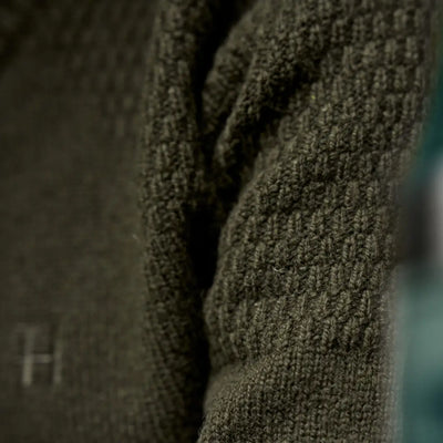 Olive green textured knitwear, Vinnie Merino Pullover, perfect for cozy vibes
