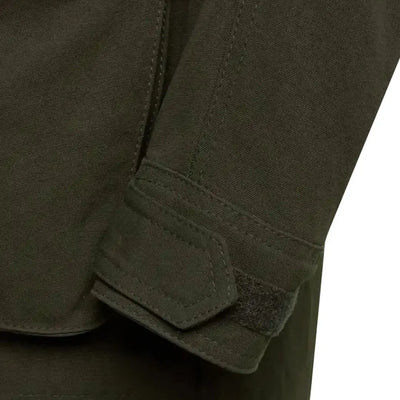 Dark olive green sleeve on Ridgegate waterproof jacket with reinforced stitching and velcro cuff