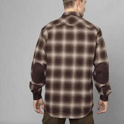 Back view of Harkila Folke Shirt Jacket with plaid flannel and elbow patches