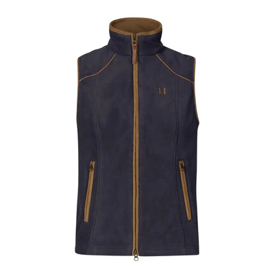 Navy blue Harkila Sandhem 200 Ladies Waistcoat with full-length zip and wind-resistant check lining for a female figure perfectly
