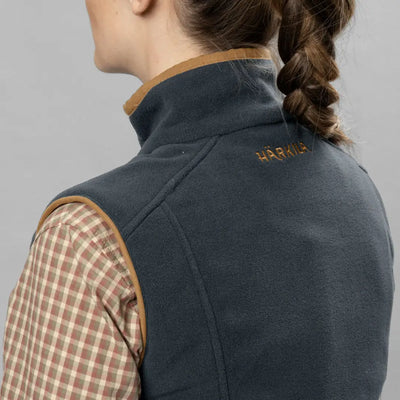 Dark gray Härkila vest over plaid shirt, stylish fit boasting wind-resistant check lining