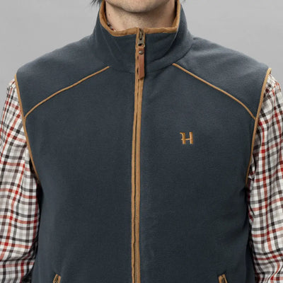 Dark gray Harkila Sandhem Waistcoat with tan trim, perfect for country clothing and hunting
