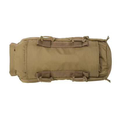 Tan tactical duffel bag with straps and compartments for easy access; Helikon-Tex Foxhole Bag