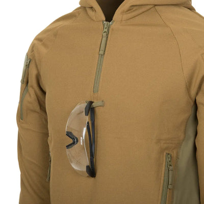 Tan tactical hoodie with zippered pockets and safety glasses for outdoor adventures