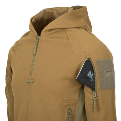 Tan Helikon-Tex Range Hoodie featuring zippered pockets and arm patch for tactical use