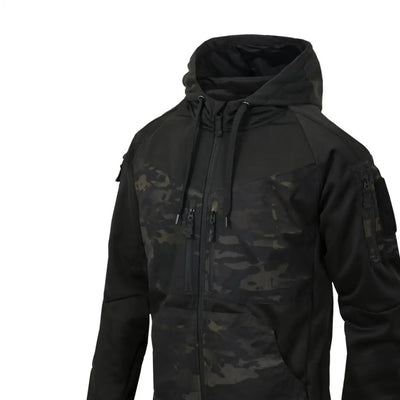 Black hooded tactical jacket with camouflage, perfect for hunting and outdoors
