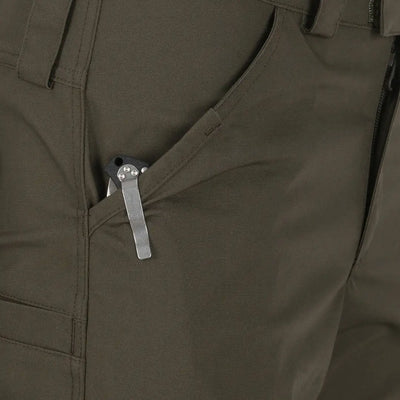 Zipper pull on olive Helikon-Tex Woodsman Pants created specifically for outdoor enthusiasts