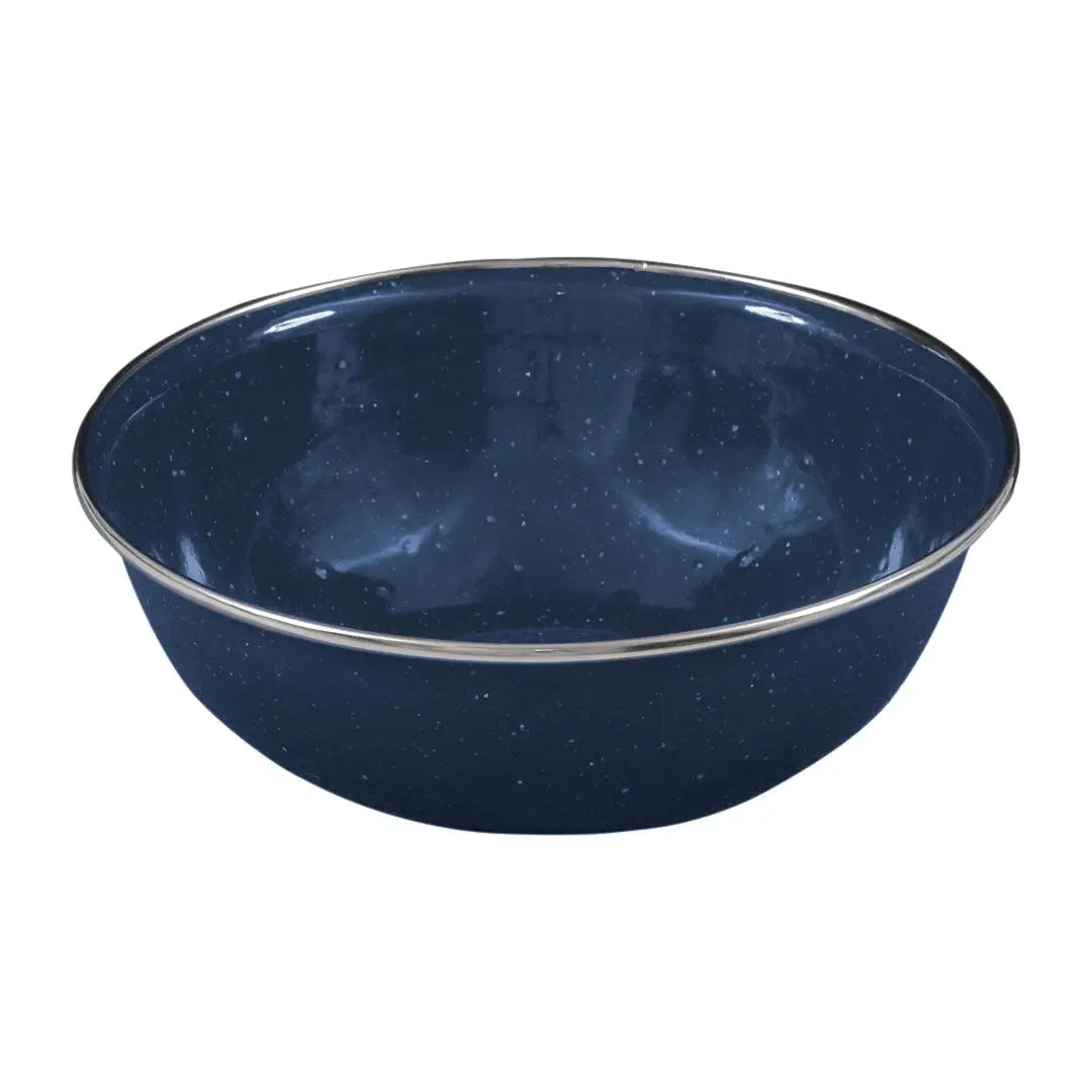 Deep blue enamel bowl with silver rim, perfect for vintage camping adventures