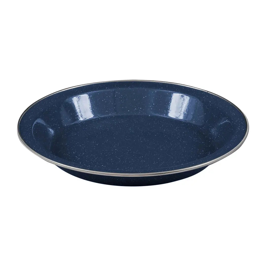 Deep blue ceramic plate with speckles and light rim from Highlander Deluxe Enamel Vintage