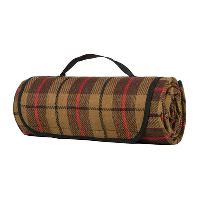 Rolled-up Highlander Picnic Blanket in Rustic Tweed, perfect for picnics and outdoor fun