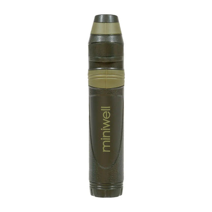 Military-style artillery shell labeled Miniwell for Highlander Straw Water Filter outdoors