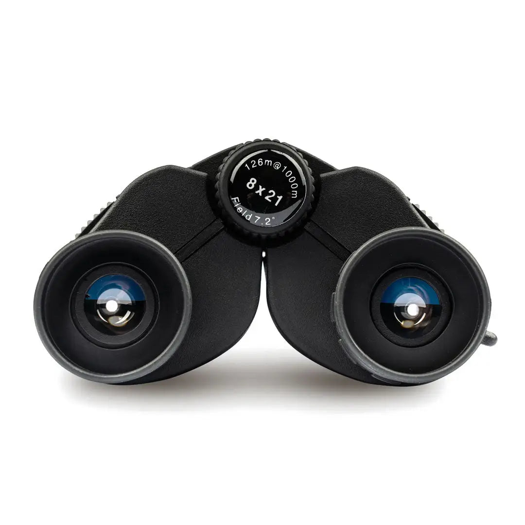 Pair of black Highlander Tarn 8X21 Binoculars with blue-tinted lenses offer outstanding vision