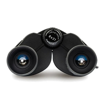 Pair of black Highlander Tarn 8X21 Binoculars with blue-tinted lenses offer outstanding vision