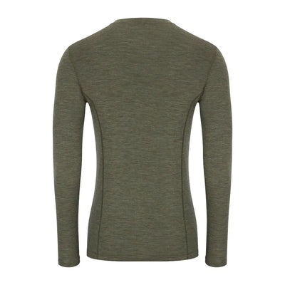 Olive green merino wool crew neck long-sleeved base layer from Hoggs of Fife