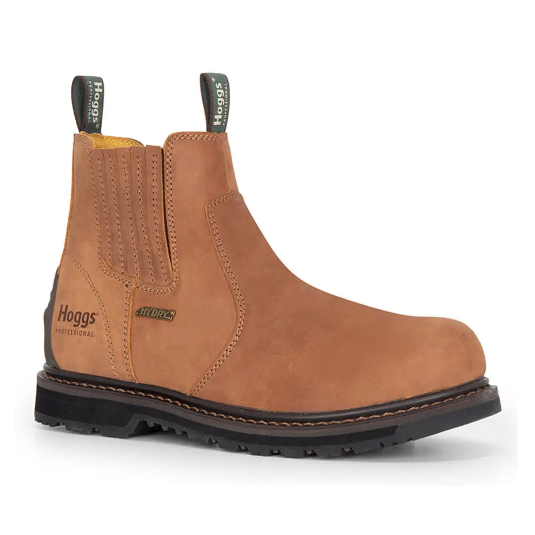 Tan leather pull-on work boots with elastic sides for outdoors and country clothing style