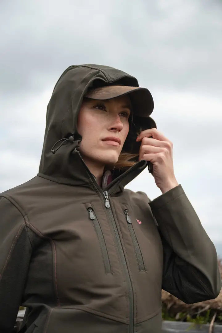Olive green Hoggs of Fife Ardross Ladies 4-Way Active Jacket with hood and minimalist design