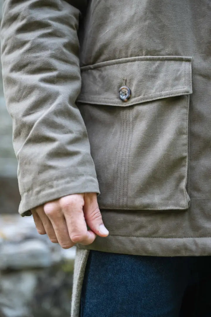 Olive green Hoggs of Fife Balerno Waxed Canvas Barn Coat with button details and patch pocket