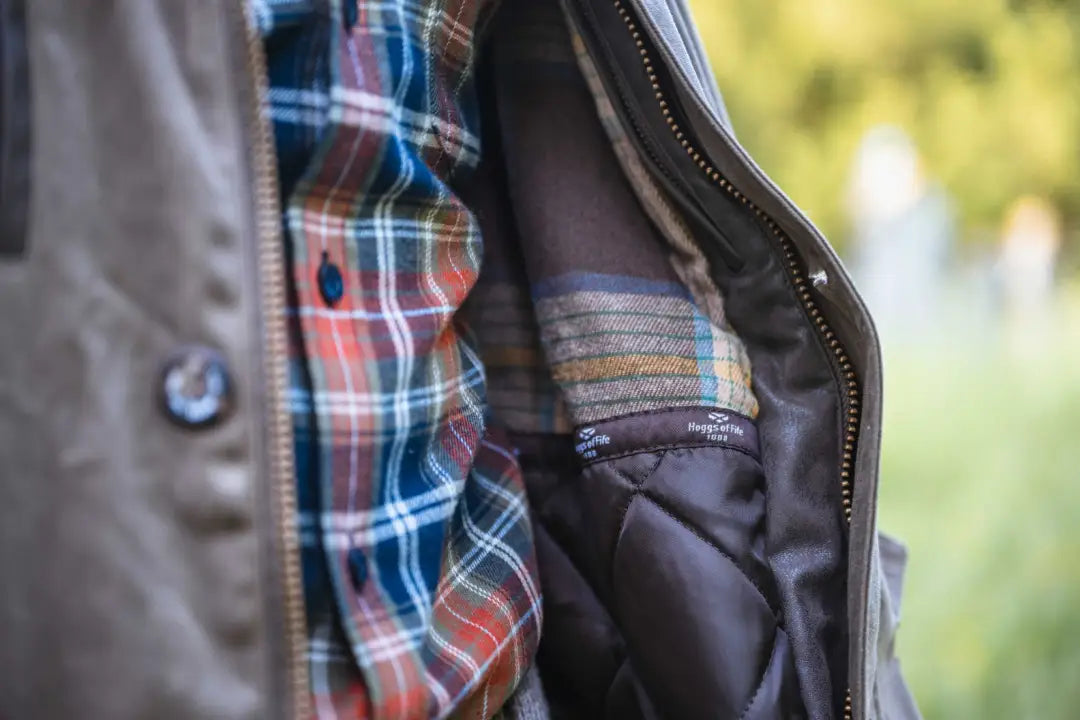 Plaid flannel shirt under Hoggs of Fife Balerno Waxed Canvas Barn Coat jacket
