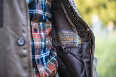 Plaid flannel shirt under Hoggs of Fife Balerno Waxed Canvas Barn Coat jacket